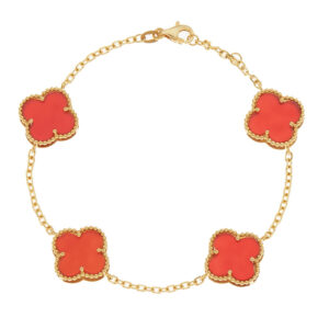 Pulseira  Quatro Trevos Em Ouro 18k (750) Pedra Cornalina
