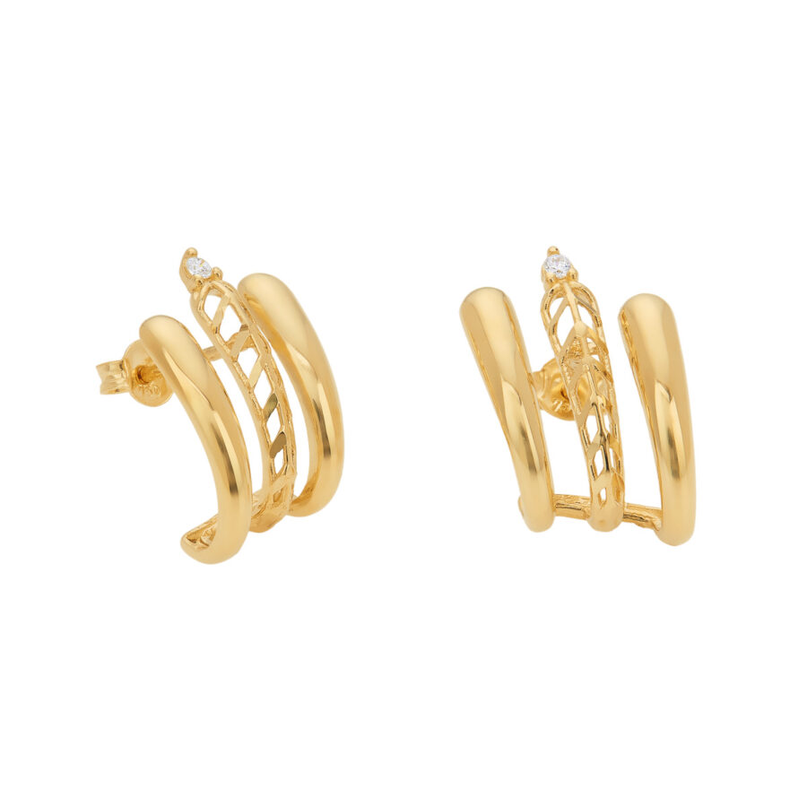 Brincos Ear Hugger Três Pontas Ouro 18K (750) Cravejado