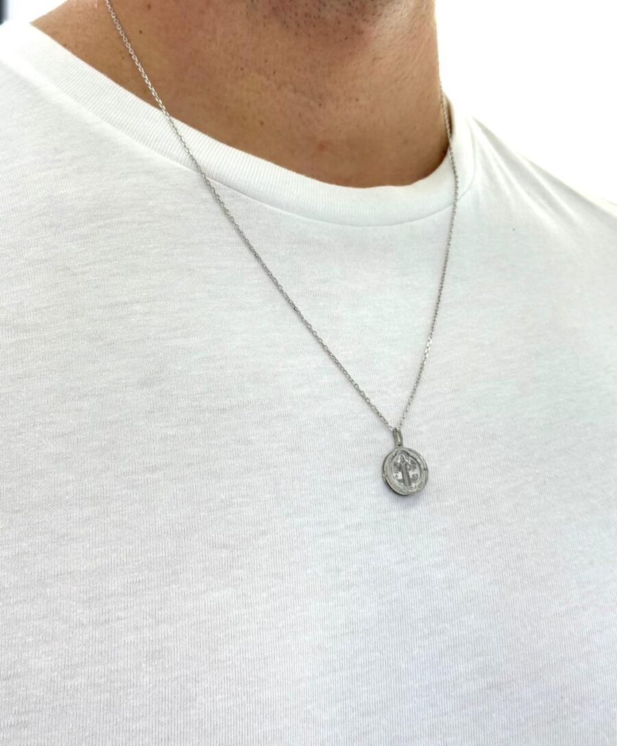 Pingente Medalha São Bento Ouro Branco 18K (750) - Imagem 2