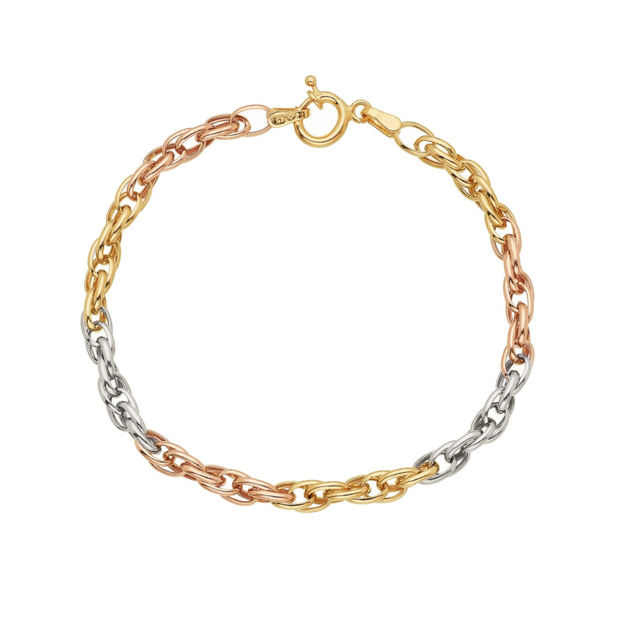 Pulseira Trançada Elo Triplo Tricolor Ouro 18K